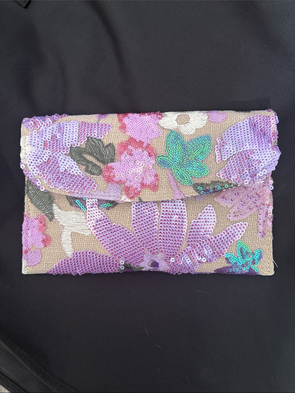 Purple Sequin Floral Envelope Clutch
